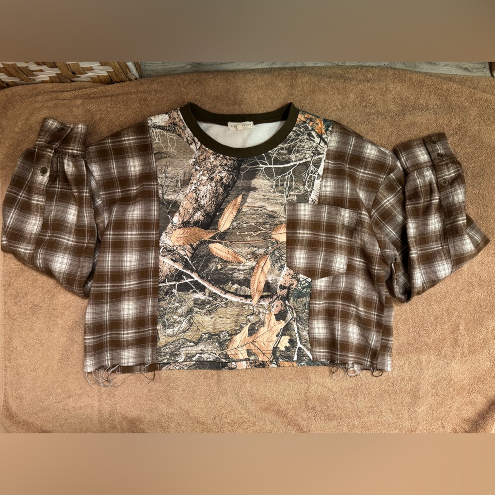 Gilded Intent camo and flannel raw hem top